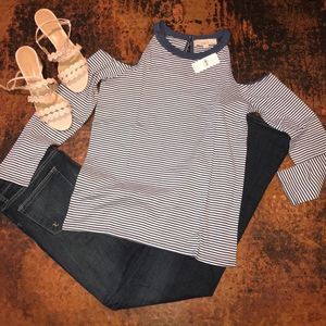 NWT Loft Blue Striped Cold Shoulder Top
